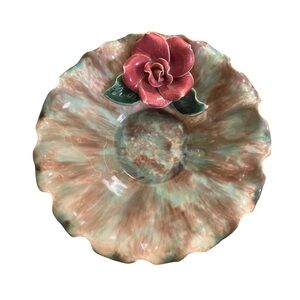 RARE Vintage Scalloped Edge Green Dish w/ Red Rose Flower